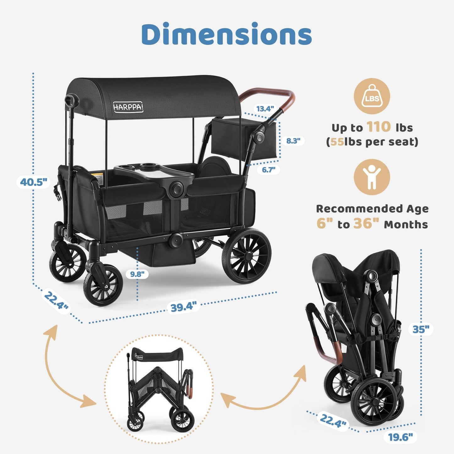 Baby Stroller Wagon, Lightweight Folding Adjustable 2-Seat/4-Seat Travel Stroller